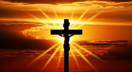 Silhouette of jesus christ on the cross during a radiant sunset with dramatic clouds and glowing sunbeams, symbolizing faith, hope, and divine redemption.