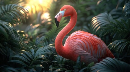Fototapeta premium Pink flamingo in lush foliage at sunrise