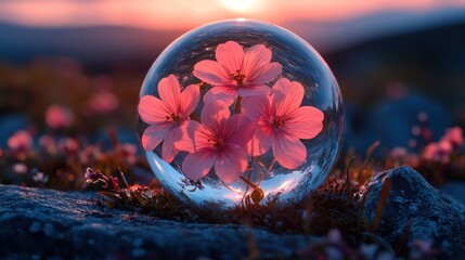 Pink flowers in a crystal sphere at sunset