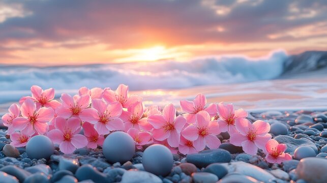 Pink flowers, eggs, beach at sunrise