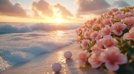 Pink flowers on beach at sunrise