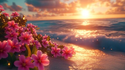 Pink flowers on a beach at sunrise