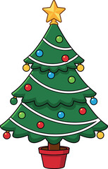 Simple Cartoon Christmas Tree Illustration with Star Topper and Colorful Ornaments in Red Pot, Holiday Decoration