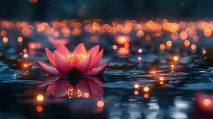 Pink lotus flower on water, glowing lights