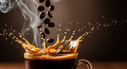Coffee Serenade: A mesmerizing capture of coffee beans cascading into a steaming cup, creating a dynamic splash and enticing aroma that captivates coffee enthusiasts