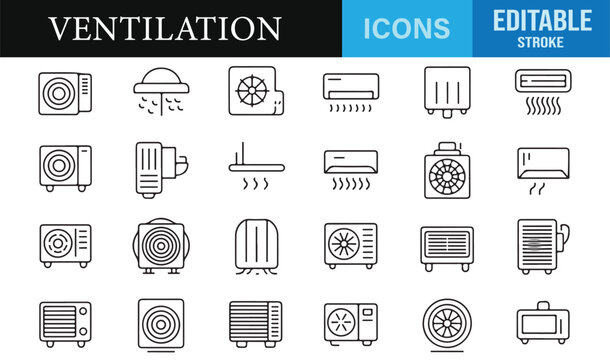 Minimal outline ventilation and HVAC icon set in editable stroke style