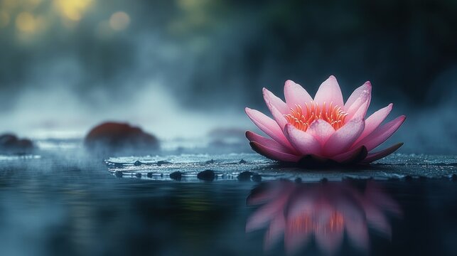 Pink lotus in misty pond