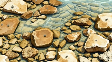Stones Underwater: Witness a tranquil aquatic scene of rocks and pebbles partially submerged in clear water, where subtle nuances and textures make it more than just a typical landscape.