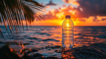 Plastic bottle on rocks at sunrise