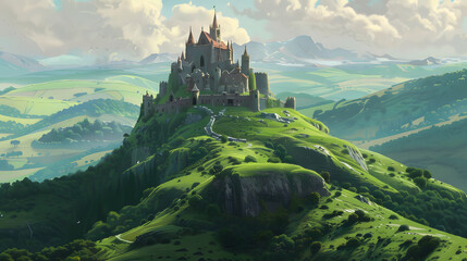 Majestic castle perched atop a vibrant green hill, overlooking rolling hills under a bright sky, perfect for fantasy novels and historical documentaries