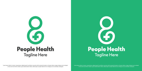 Health clinic logo design vector illustration. Hospital silhouette of a person in a health care facility. Abstract linear health icon symbol plus.