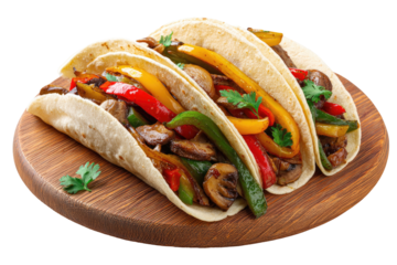 Three tacos with colorful veggies on a round wood platter