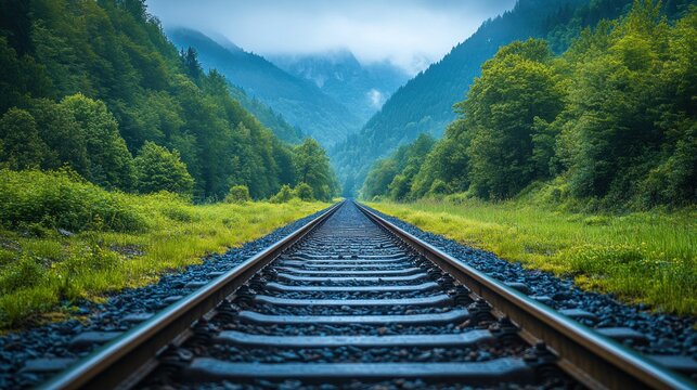 Railroad tracks disappearing into a misty mountain valley. Lush green forest and hills surround the perspective