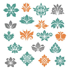 Obraz premium Collection of ornate floral and leaf decorative design elements in teal, orange, and grey colors, suitable for vintage or elegant patterns.