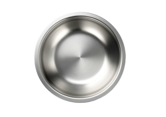 Shiny metal bowl, smooth inner surface, top-down perspective
