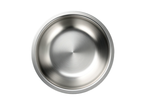 Shiny metal bowl, smooth inner surface, top-down perspective