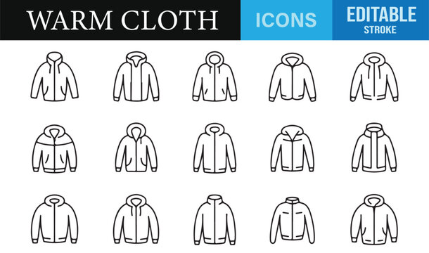 Minimal line art icons of winter jackets, coats, sweaters, and warm clothing in editable stroke