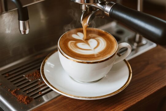Espresso being poured into a cup with latte art, creating a heart shape in the foam
