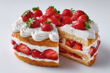 A layered strawberry cake with a generous topping of fresh strawberries and whipped cream, sliced to reveal the interior layers