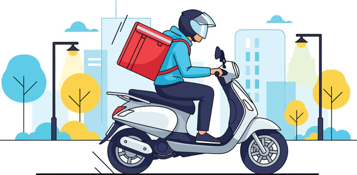 Delivery person on a scooter with a red delivery box, riding through a modern city. illustrates online food and parcel courier service for fast, efficient urban logistics. Vector