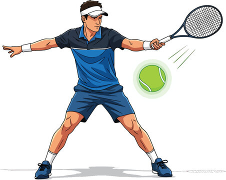 Male tennis player in a dynamic stance delivering a powerful forehand stroke with a tennis racket, a glowing ball in motion, symbolizing competitive sport and active lifestyle. Vector