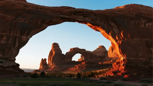 Natural sandstone arches at sunset in a desert landscape - Powered by Adobe