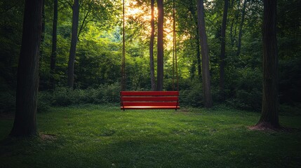 Red swing in a sunlit forest
