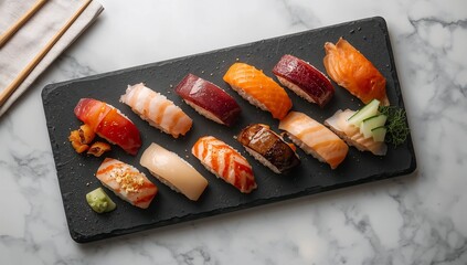 Sushi Nigiri, hand-pressed vinegared rice topped with fresh raw fish slices, showcasing delicate texture, clean flavor, and classic minimalist Japanese culinary visuals
