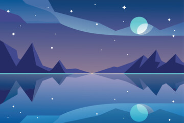 Obraz premium Moonlit geometric mountain lake landscape illustration Vector