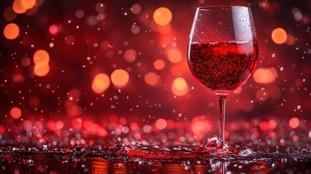 Red wine glass on a dark surface with vibrant bokeh