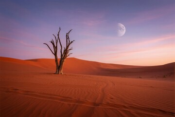 Solitary dead tree in a desert landscape at twilight with a crescent moon in the sky