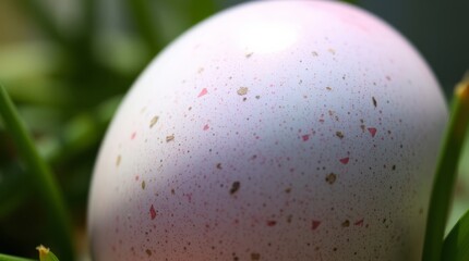 Easter Egg in Natural Setting: An egg, speckled with subtle hues of pink and purple, nestled among vibrant green foliage, celebrating the season's fresh start and a touch of the delicate.