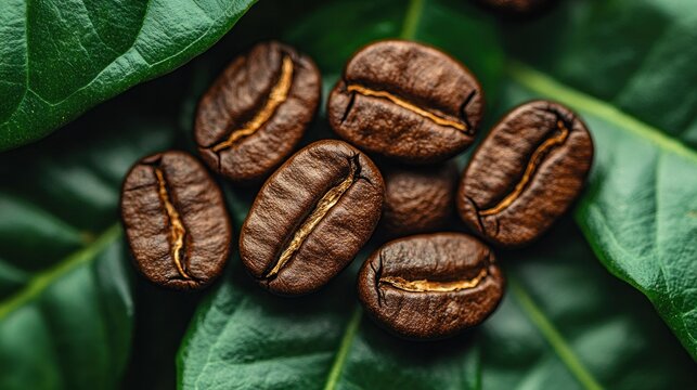 Roasted coffee beans on green leaves - Powered by Adobe