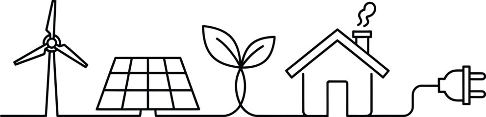 Sustainable home energy wind solar and green power line art illustration