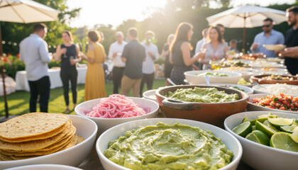 Outdoor buffet with diverse dishes during a social event, featuring salads, sauces, and guests interacting in a lively atmosphere.