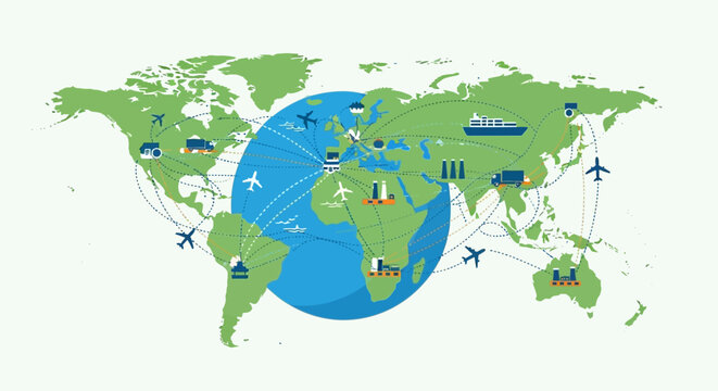 Global Logistics Network Connecting Continents with Transportation Icons.