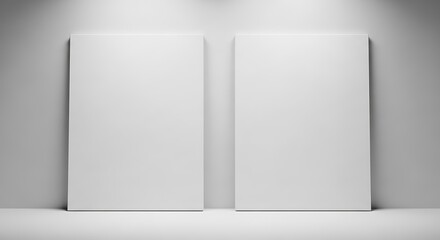 Two blank white canvas frames or posters leaning against a light gray wall, illuminated by spotlights, offering a clean mockup space