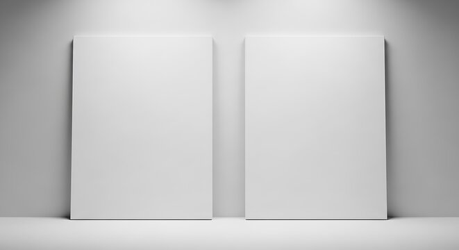 Two blank white canvas frames or posters leaning against a light gray wall, illuminated by spotlights, offering a clean mockup space