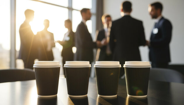 Business professionals networking with coffee cups in the foreground, portraying corporate events, meetings, and professional social interaction.
