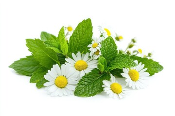 A vibrant bouquet of daisies and mint leaves, with a backdrop of a serene lake and a distant mountain range, under a clear blue sky.