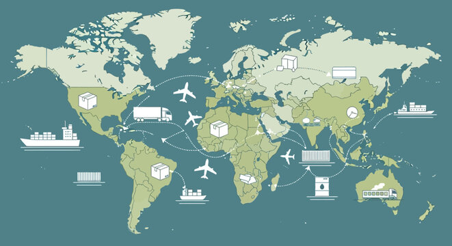 Global Trade and Logistics Network Depicted on a World Map.