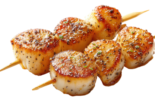 Seared scallop skewers, lightly seasoned, isolated