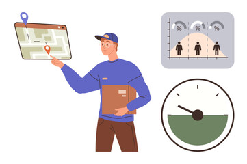 Young courier pointing at a digital map, holding a box, surrounded by analytics chart and gauge. Ideal for logistics, delivery systems, tracking, data analysis, efficiency, technology simple flat