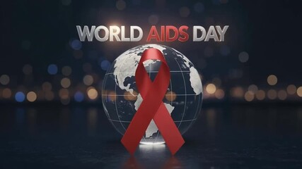 World AIDS Day global awareness background featuring red ribbon symbol, glowing earth, health support message, prevention advocacy, and international solidarity theme