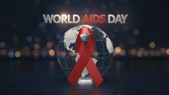 World AIDS Day global awareness background featuring red ribbon symbol, glowing earth, health support message, prevention advocacy, and international solidarity theme
