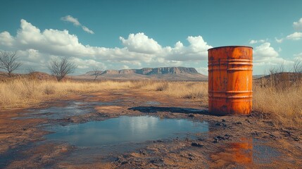 Rusty orange barrel sits in a muddy puddle on a dirt road in a dry landscape under a partly cloudy sky