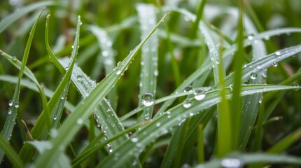 Dewy Green Blades: Delicate water droplets cling to blades of vibrant green grass, reflecting the soft light and creating a refreshing natural display.