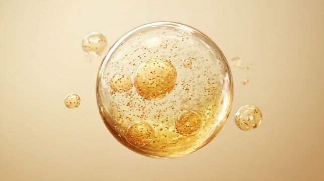 Golden serum spheres, suspended in air, with tiny particles