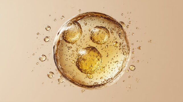 Golden sphere of liquid, dotted with bubbles, resembling a zygote