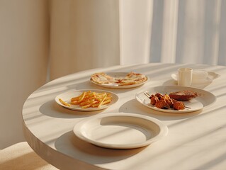 Empty plates of food on a light beige table, sunlight streaming in